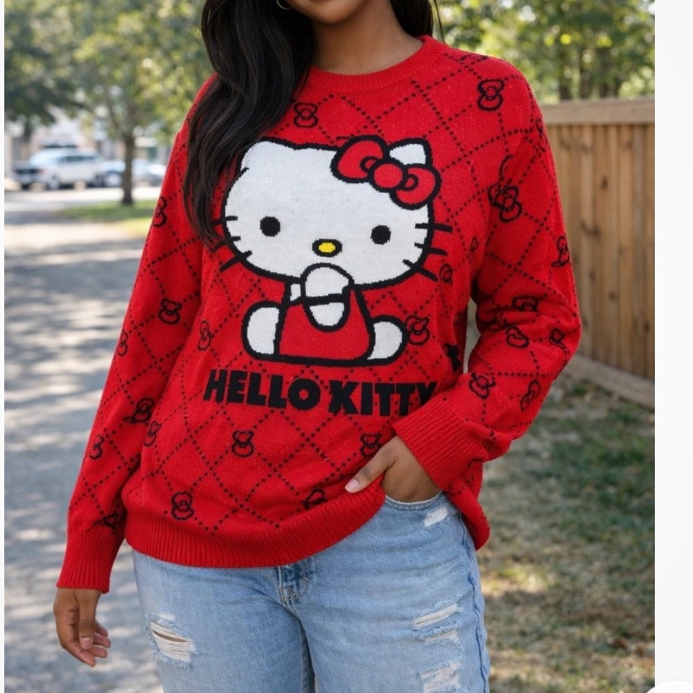 Sanrio Hello Kitty Red Graphic Sweater with bows long sleeves crew neck L